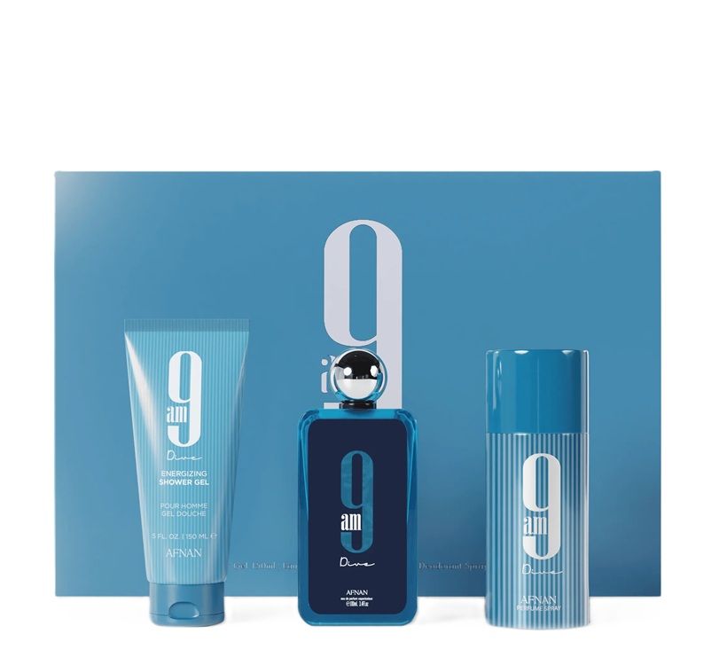 Afnan 9 AM Dive Set (Apa de parfum unisex 100ml + Gel de dus 150ml + Deodorant spray 150ml)