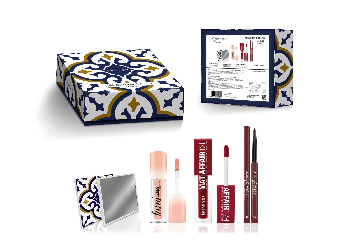 Bellaoggi Set Mediterranean Frame Lips (Ruj Lichid + Creion de Buze + Luciu de Buze + Oglinda)