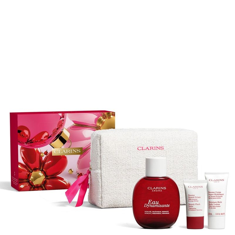 Clarins Dynamisante Set (Eau Dynamisante 50ml + Beauty Flash Balm 50ml + Ulei buze 7ml + Crema maini 30ml + Mascara 3ml + Pouch)