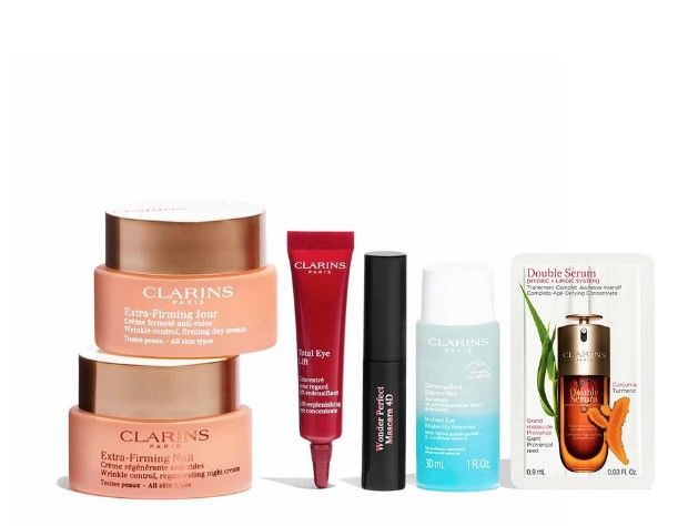 Clarins Extra Firming Set (Crema Zi 50ml + Crema Noapte 50ml + Crema ochi 7ml + Demachiant 30ml + Mascara 3ml + Ser 0.9ml + Pouch)