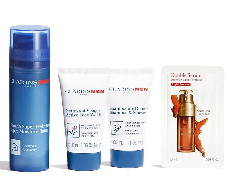 Clarins Men Set (Balsam Super Moisture 50ml + Active Face Wash 30ml + Gel de dus 2in1 30ml + Ser Double Serum Light Texture 0.9ml)