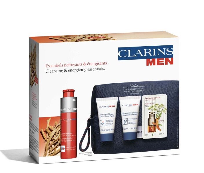 Clarins Men Set (Crema Energizing Gel 50ml + Spuma Curatare Ten 30ml + Gel de dus 30ml + Ser Ochi 0.9ml + Pouch)