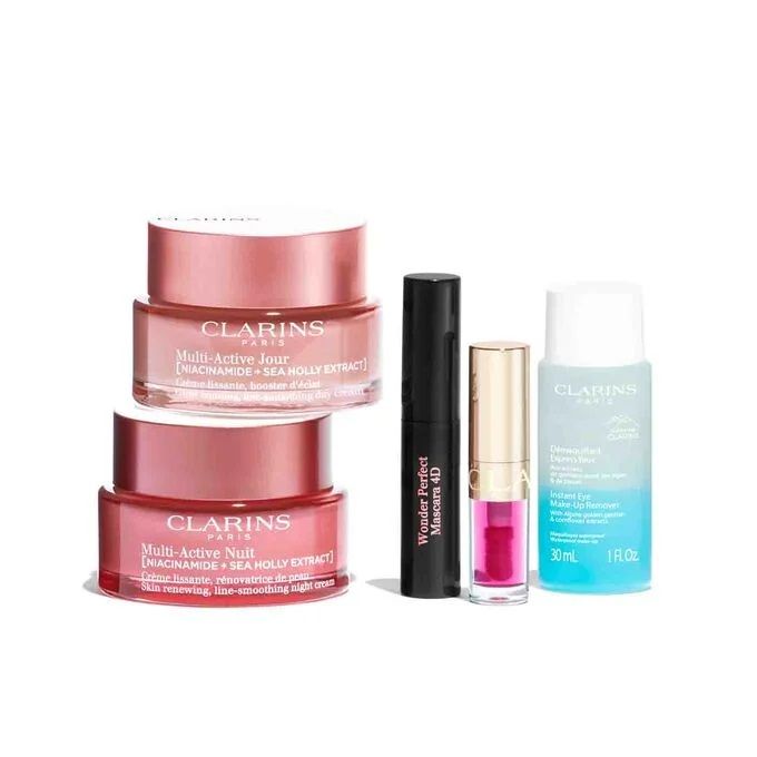 Clarins Multi-Active Set (Crema Zi 50ml + Crema Noapte 50ml + Ulei buze 1.4ml + Demachiant 30ml + Mascara 3ml + Double Serum 0.9ml + Pouch)