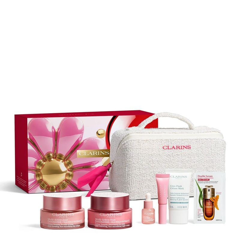 Clarins Multi-Active Set (Crema Zi 50ml + Crema Noapte 50ml + Ulei buze 1.4ml + Masca fata 15ml + Mascara 3ml + Double Serum 0.9ml + Pouch)