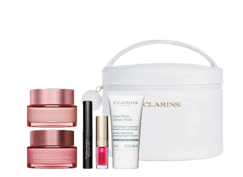 Clarins Multi-Active Set (Crema Zi 50ml + Crema Noapte 50ml + Ulei buze 1.4ml + Masca fata 15ml + Mascara 3ml + Double Serum 0.9ml + Pouch)