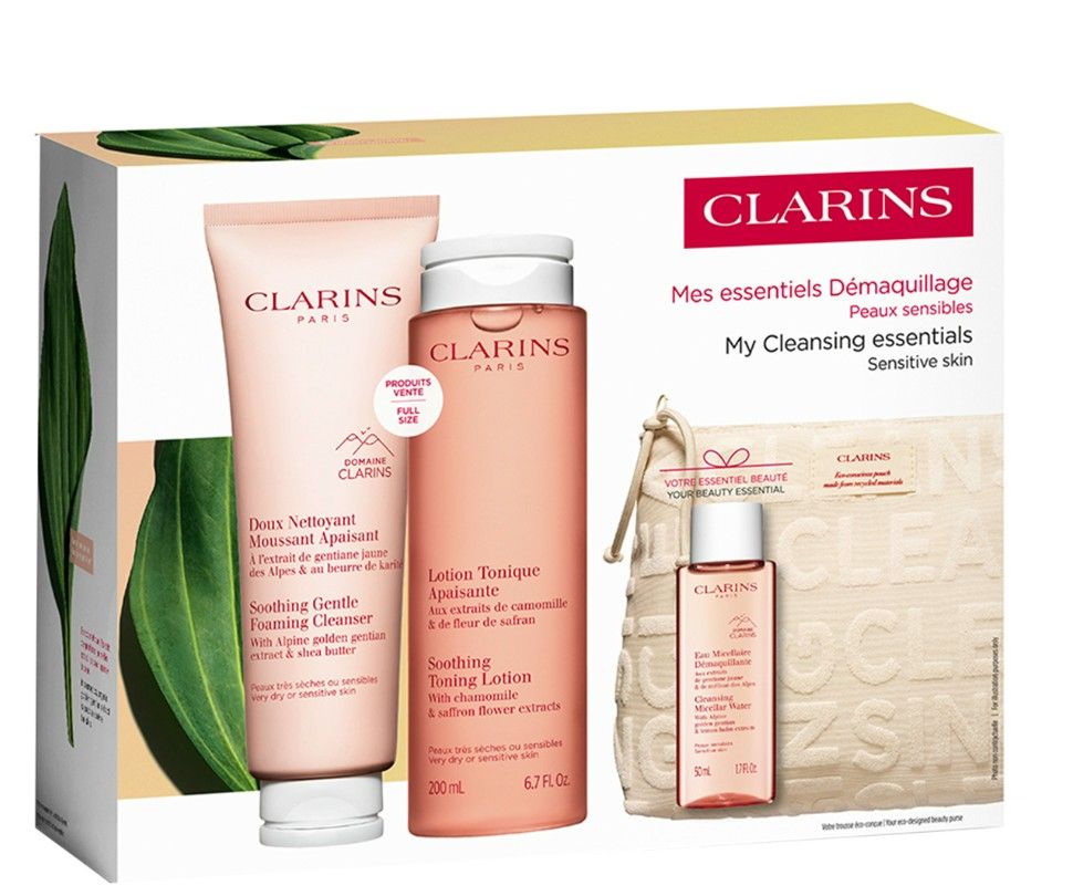 Clarins Set Cleansing Essentials (Demachiant Spuma 150ml + Lotiune Tonica 200ml + Emulsie 10ml + Pouch)