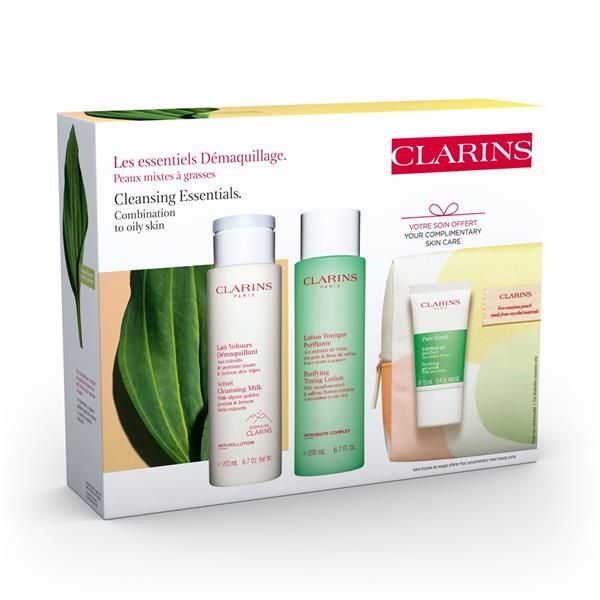 Clarins Set Cleansing Essentials (Demachiant Velvet Cleansing Milk 200ml + Lotiune Tonica Purifianta 200ml + Scrub 15ml + Pouch)