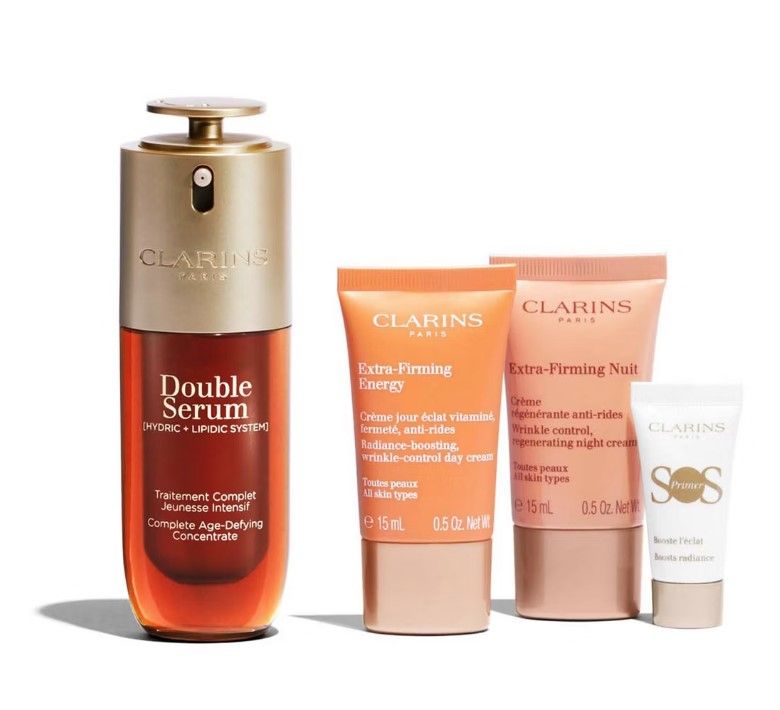 Clarins Set (Double Serum 50ml + Extra-Firming Crema zi 15ml + Extra-Firming Crema noapte 15ml + SOS Primer 5ml + Pouch)