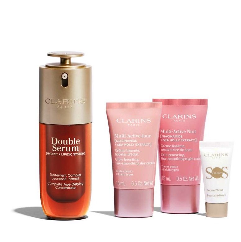 Clarins Set (Double Serum 50ml + Multi-Active Crema zi 15ml + Multi-Active Crema noapte 15ml + SOS Primer 5ml + Pouch)