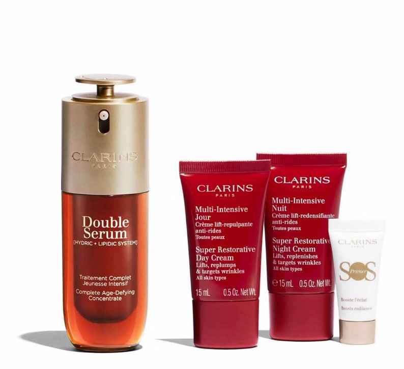Clarins Set (Double Serum 50ml + Super Restorative Crema zi 15ml + Crema noapte 15ml + SOS Primer 5ml + Pouch)