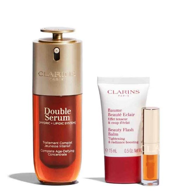 Clarins Set (Double Serum 50ml + Beauty Flash Balm 15ml + Ulei buze Lip Comfort Oil 1.4ml + Pouch)