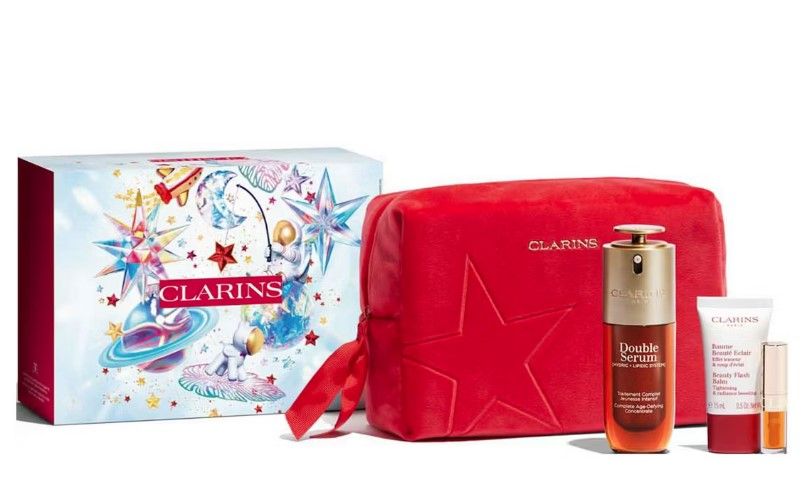 Clarins Set (Double Serum 50ml + Beauty Flash Balm 15ml + Ulei buze Lip Comfort Oil 1.4ml + Pouch)
