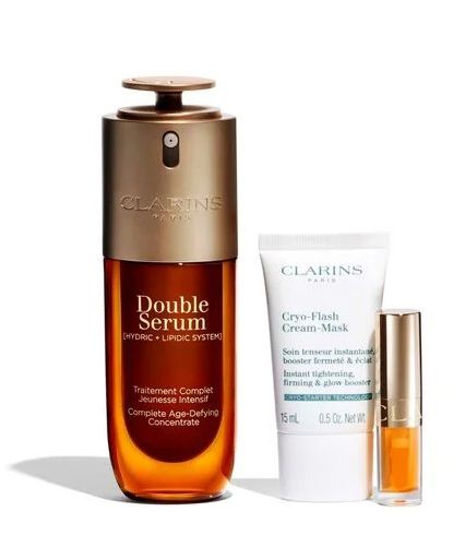 Clarins Set (Double Serum 50ml + Cryo-Flash Mask 15ml + Ulei buze 1.4ml + Pouch)