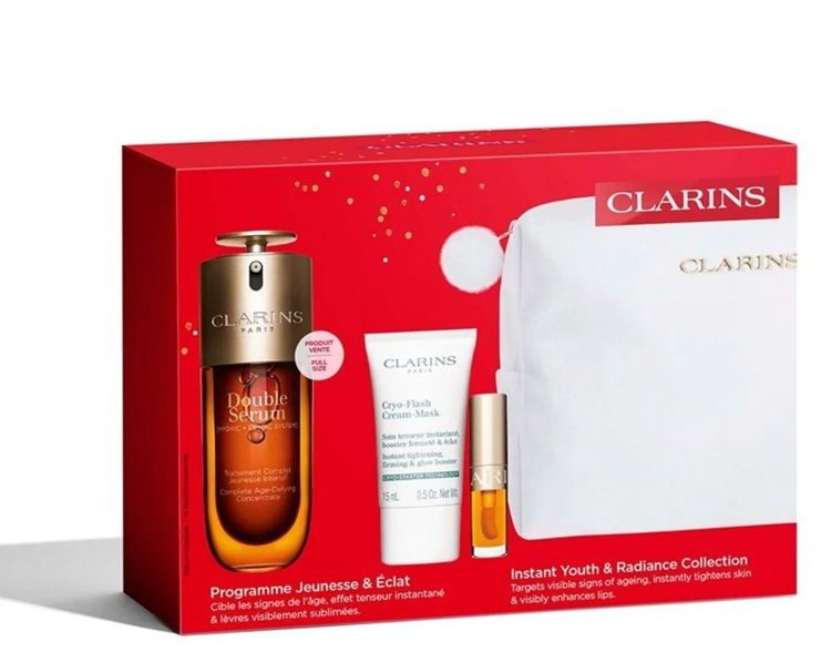 Clarins Set (Double Serum 75ml + Beauty Flash Balm 15ml + Ulei buze 1.4ml + Pouch)