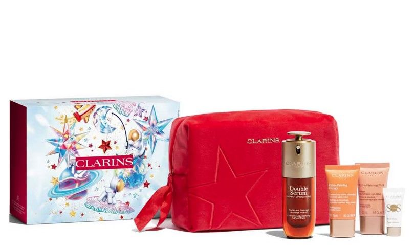 Clarins Set (Double Serum 50ml + Extra-Firming Crema zi 15ml + Extra-Firming Crema noapte 15ml + SOS Primer 5ml + Pouch)