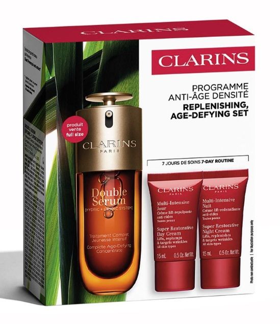 Clarins Set (Double Serum 50ml + Super Restorative Crema zi 15ml + Super Restorative Crema noapte 15ml + SOS Primer 5ml)