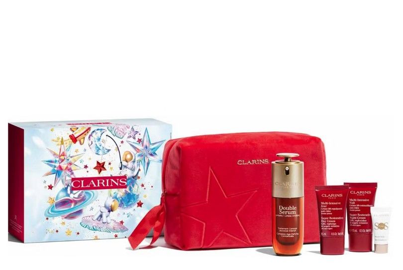 Clarins Set (Double Serum 50ml + Super Restorative Crema zi 15ml + Crema noapte 15ml + SOS Primer 5ml + Pouch)