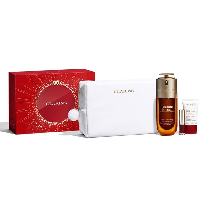 Clarins Set (Double Serum 75ml + Beauty Flash Balm 15ml + Ulei buze 1.4ml + Pouch)