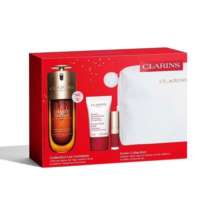 Clarins Set (Double Serum 75ml + Beauty Flash Balm 15ml + Ulei buze 1.4ml + Pouch)