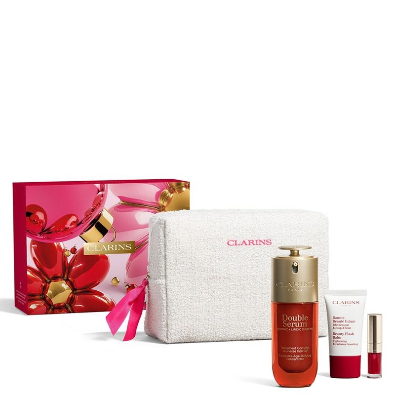 Clarins Set (Double Serum 75ml + Beauty Flash Balm 15ml + Ulei buze 1.4ml + Pouch)