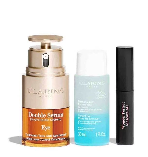 Clarins Set (Double Serum Eye Ser Ochi 20ml + Demachiant 30ml + Mascara Wonder Perfect 4D 3ml + Pouch)