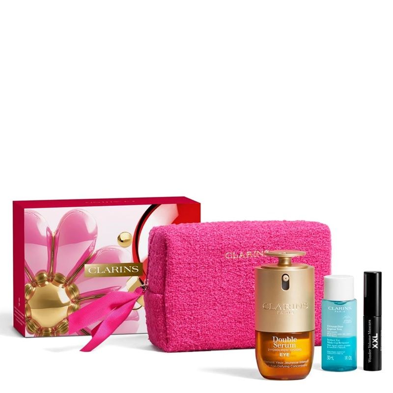 Clarins Set (Double Serum Eye Ser Ochi 20ml + Demachiant 30ml + Mascara Wonder Perfect 4D 3ml + Pouch)