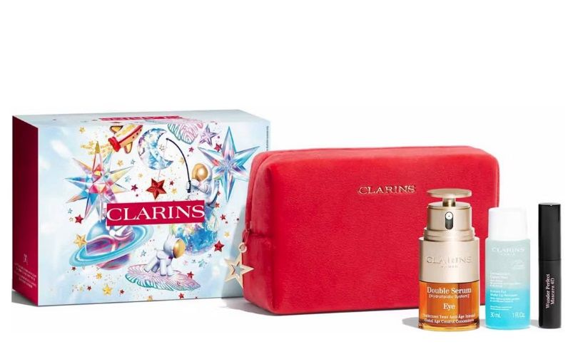 Clarins Set (Double Serum Eye Ser Ochi 20ml + Demachiant 30ml + Mascara Wonder Perfect 4D 3ml + Pouch)