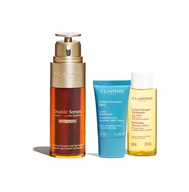 Clarins Set (Double Serum Light Texture 50ml + Hydra-essentiel Crema zi 15ml + Lotiune Tonica 50ml + Pouch)