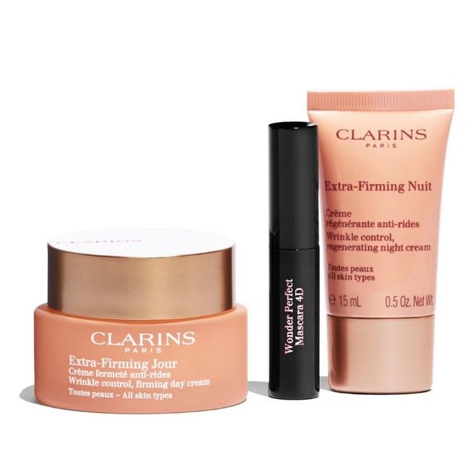 Clarins Set (Extra Firming Crema Zi 50ml + Extra Firming Crema Noapte 15ml + Wonder Perfect 4D Mascara 3ml + Double Serum  0.9ml + Pouch)