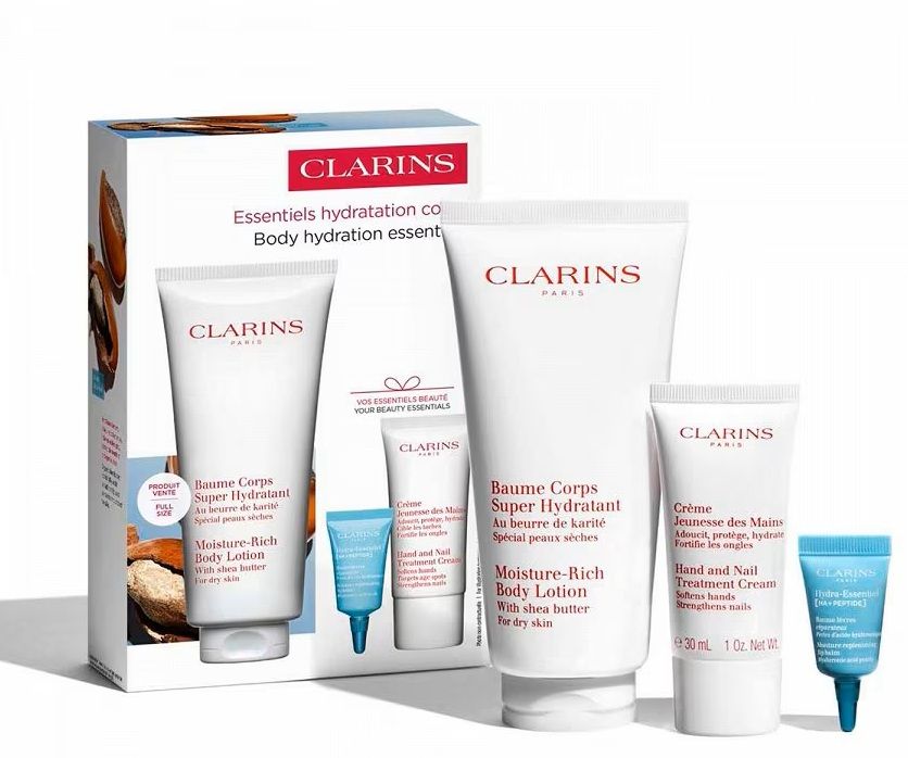 Clarins Set (Lotiune Corp Moisture Rich 200ml + Balsam de buze 3ml + Crema maini 30ml)