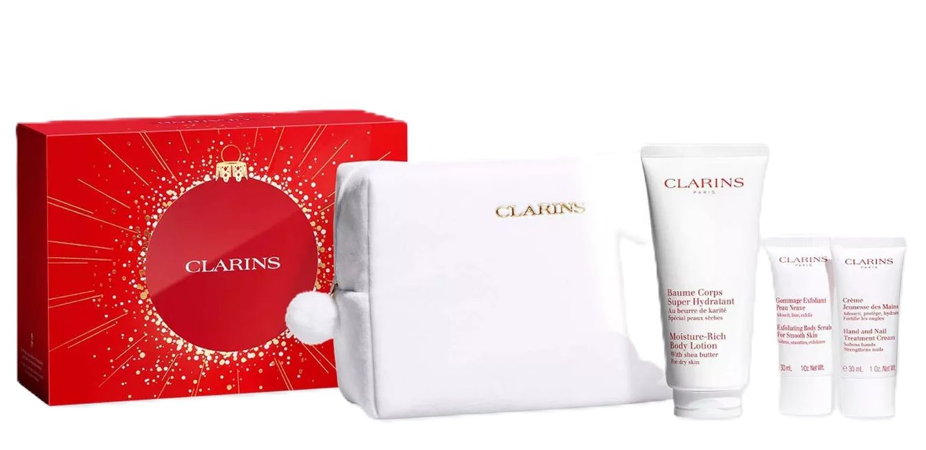 Clarins Set (Lotiune Corp Moisture Rich 200ml + Exfoliant Corp 30ml + Crema maini 30ml + Pouch)