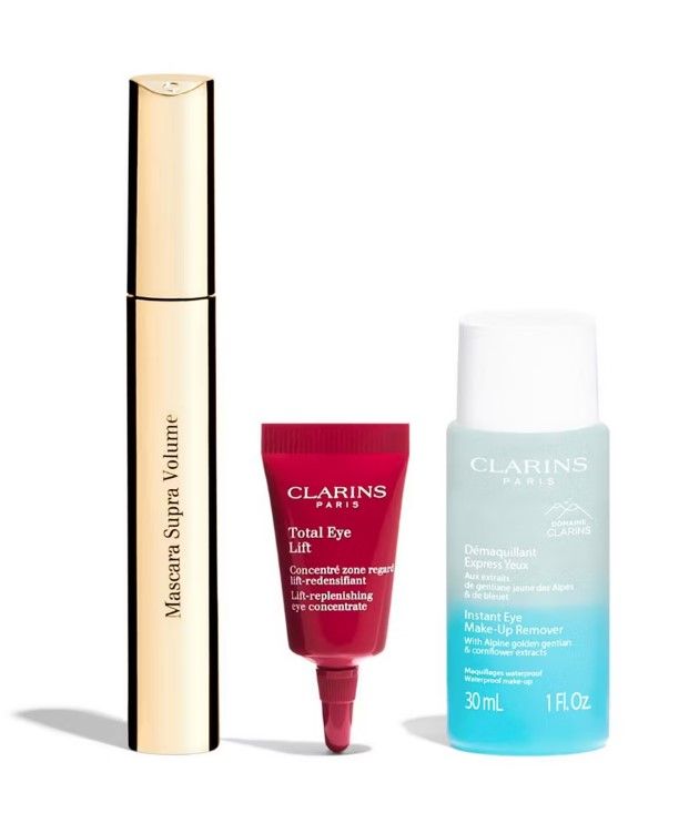 Clarins Set (Mascara Supra Volume 01 Intense Black 8ml + Crema ochi Total Eye Lift 3ml + Demachiant 30ml + Pouch)
