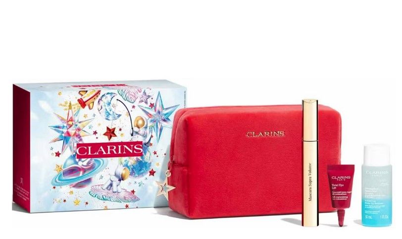 Clarins Set (Mascara Supra Volume 01 Intense Black 8ml + Crema ochi Total Eye Lift 3ml + Demachiant 30ml + Pouch)