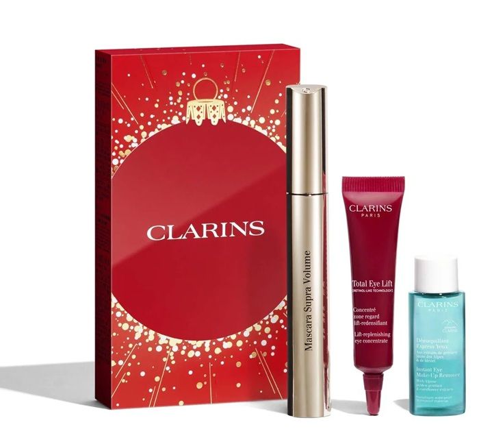 Clarins Set (Mascara Supra Volume 01 Intense Black 8ml + Crema ochi Total Eye Lift 3ml + Demachiant 30ml + Pouch)