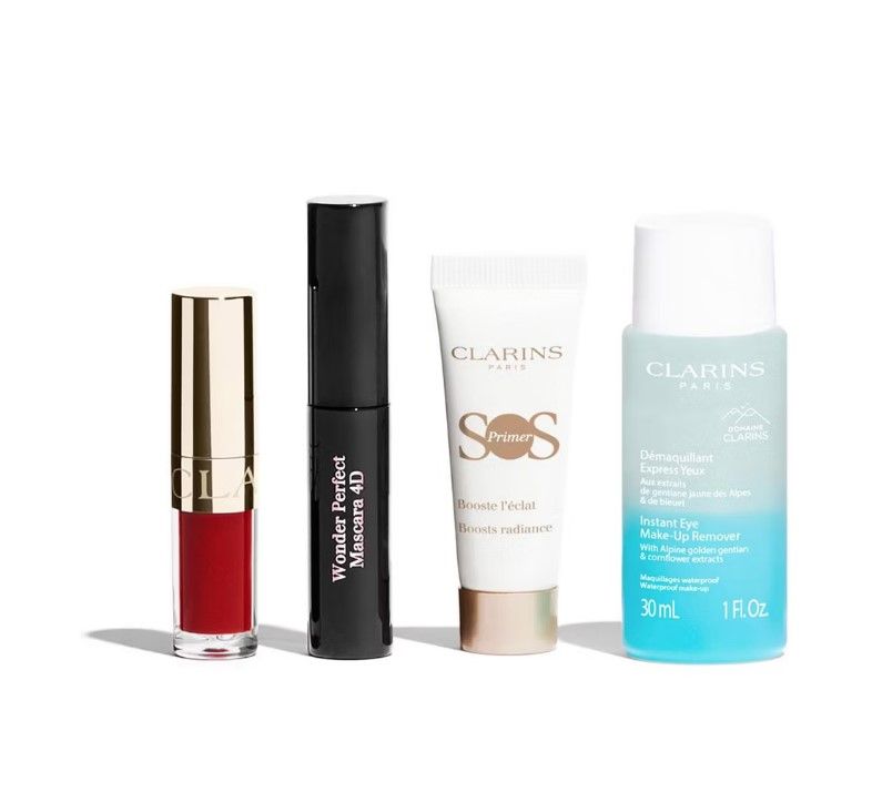 Clarins Set (Mascara Wonder Perfect 4D 01 Black 3ml + Ulei buze 1.4ml + SOS Primer 10ml + Demachiant 30ml)