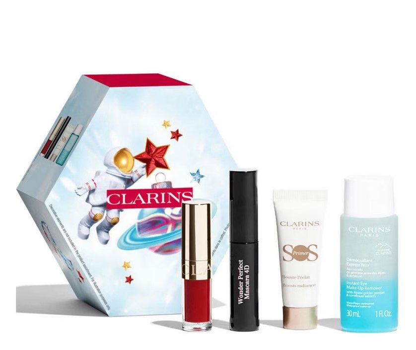 Clarins Set (Mascara Wonder Perfect 4D 01 Black 3ml + Ulei buze 1.4ml + SOS Primer 10ml + Demachiant 30ml)