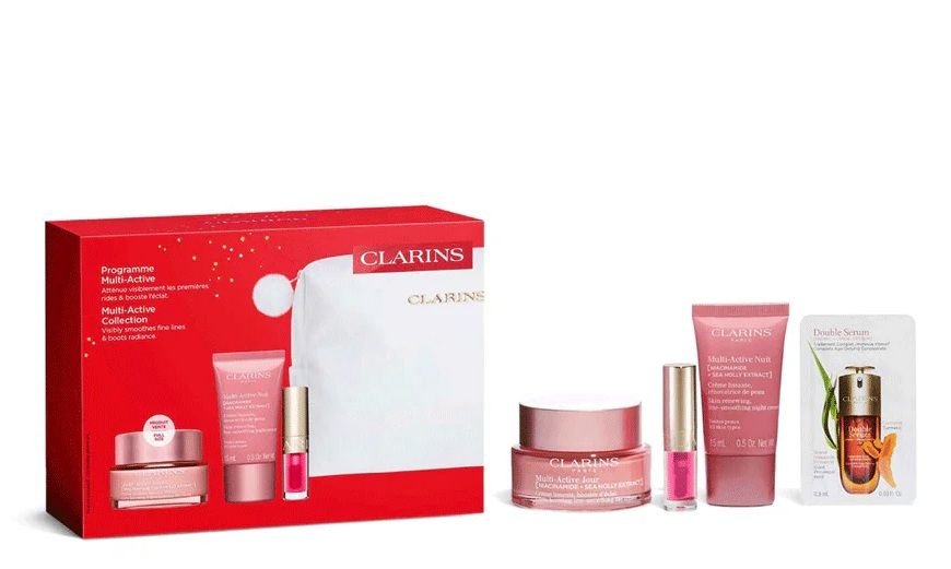 Clarins Set (Multi-Active Crema zi 50ml + Multi-Active Crema noapte 15ml + Ulei buze 1.4ml + Double Serum 0.9ml + Pouch)