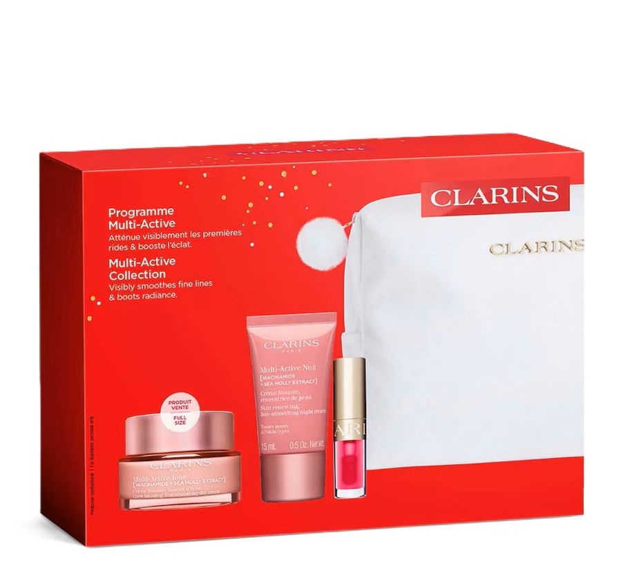 Clarins Set (Multi-Active Crema zi 50ml + Multi-Active Crema noapte 15ml + Ulei buze 1.4ml + Double Serum 0.9ml + Pouch) 