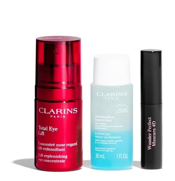 Clarins Set (Ser Ochi Total Eye Lift 15ml + Demachiant 30ml + Mascara Wonder Perfect 4D 3ml + Pouch)