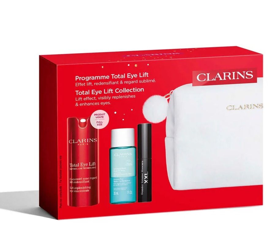 Clarins Set (Ser Ochi Total Eye Lift 15ml + Demachiant 30ml + Mascara Wonder Perfect 4D 3ml + Pouch)