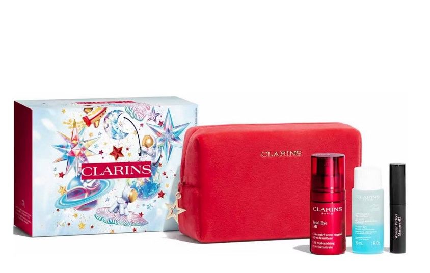 Clarins Set (Ser Ochi Total Eye Lift 15ml + Demachiant 30ml + Mascara Wonder Perfect 4D 3ml + Pouch)