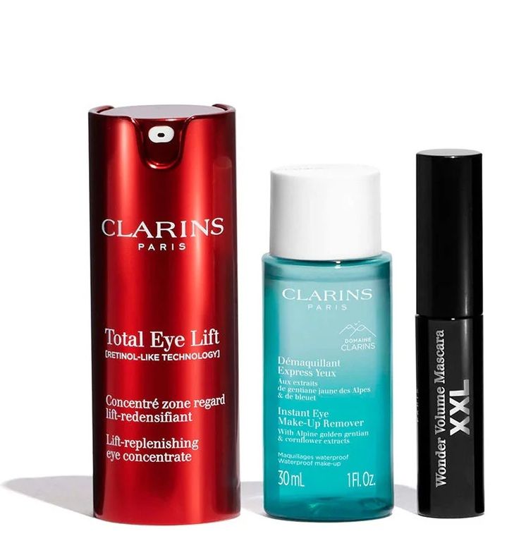 Clarins Set (Ser Ochi Total Eye Lift 15ml + Demachiant 30ml + Mascara Wonder Volume XXL 3ml + Pouch)