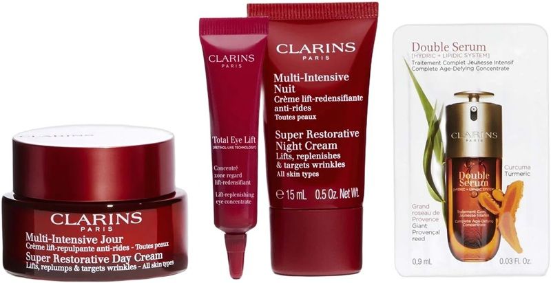 Clarins Set (Super Restorative Crema Zi 50ml + Crema Noapte 15ml + Crema Ochi 7ml + Ser 0.9ml + Pouch)