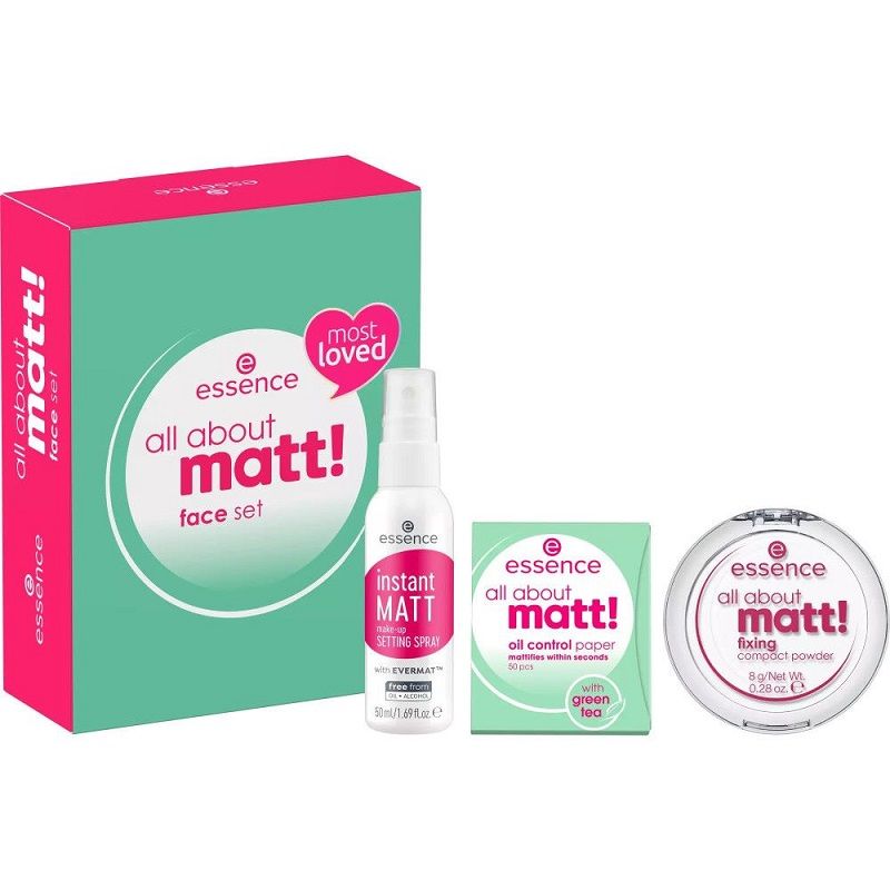Essence Set Fata All About Matt! Face Set (Spray Fixare + Pudra Compacta + Servetele)