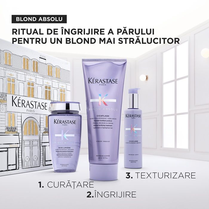 Kerastase Blond Absolu Set pentru Par Blond (Sampon Lumiere 250ml + Balsam Cicaflash 200ml + Protectie termica 150ml)