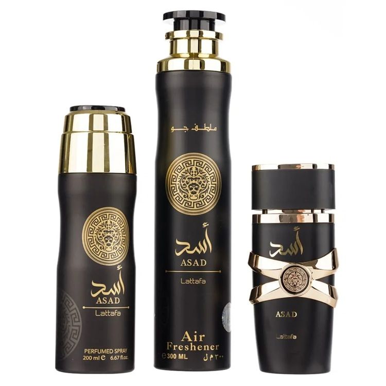 Lattafa Asad Set (Apa de parfum pentru barbati 100ml + Odorizant camera 300ml + Deodorant spray 200ml)