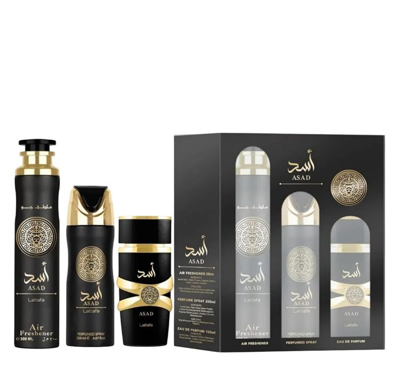 Lattafa Asad Set (Apa de parfum pentru barbati 100ml + Odorizant camera 300ml + Deodorant spray 200ml)
