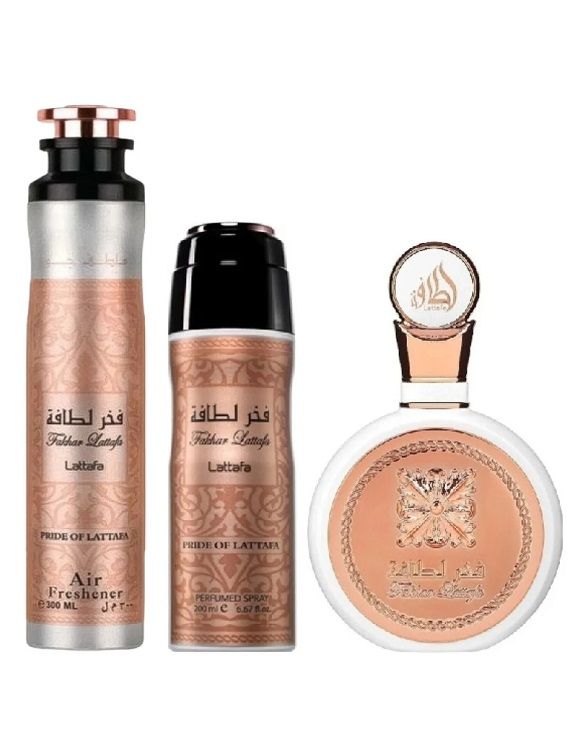 Lattafa Fakhar Woman Set (Apa de parfum pentru femei 100ml + Odorizant camera 300ml + Deodorant spray 200ml)