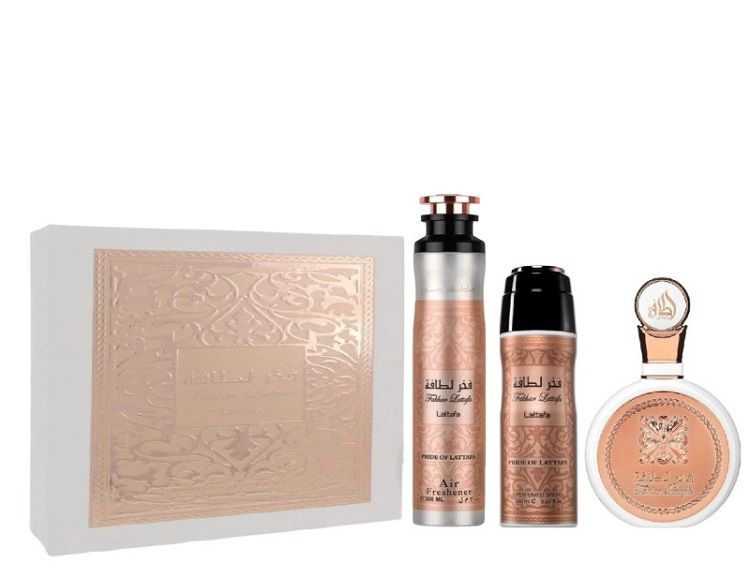 Lattafa Fakhar Woman Set (Apa de parfum pentru femei 100ml + Odorizant camera 300ml + Deodorant spray 200ml)