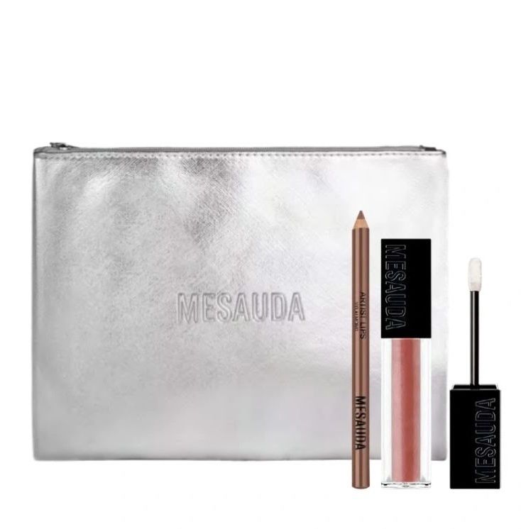 Mesauda Lip Glow Up Set (Luciu de buze 104 Honey Love 5ml + Creion de buze 103 Almond 1.14g + Pouch)